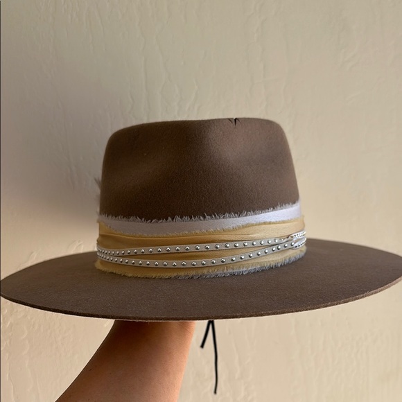 Brown Flat Brim 100% real Wool Hat with Feather and Ribbon